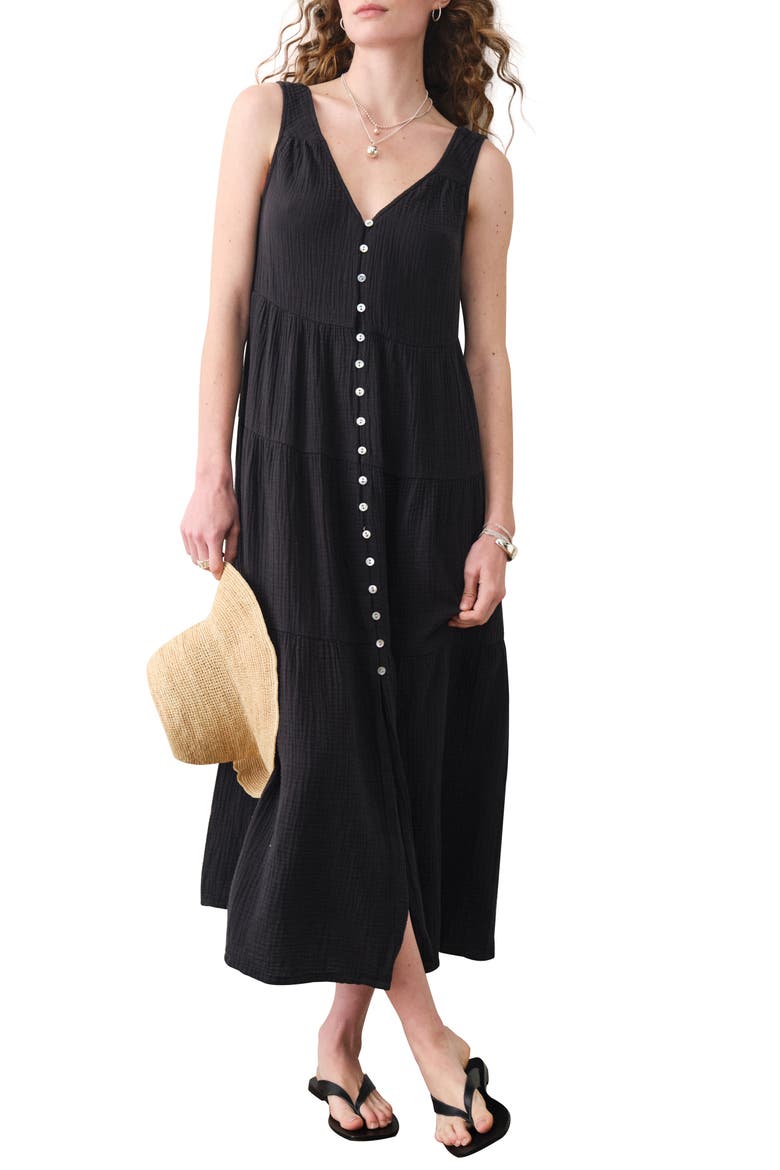 Corrine Texture Sleeveless Tiered Organic Cotton Maxi Dress, Main, color, BLACK