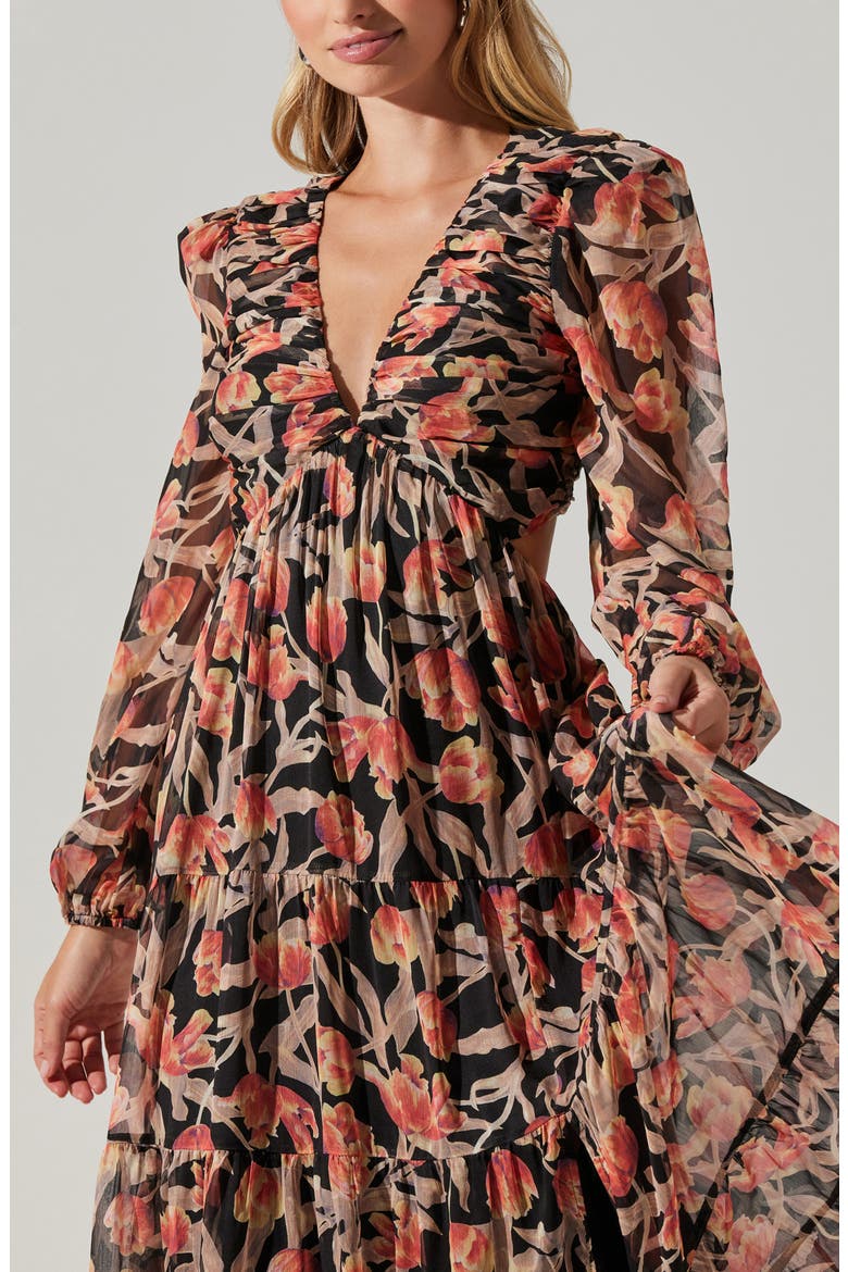 Floral Print Lace-Up Back Long Sleeve Tiered Maxi Dress, Alternate, color, ORANGE BLACK FLORAL