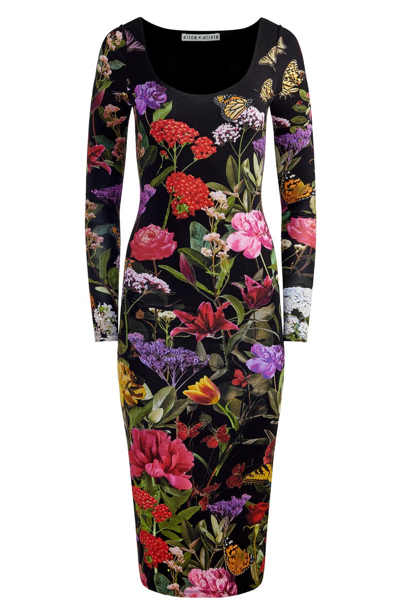 Alice + Olivia Delora Floral Long Sleeve Body-Con Midi Dress, Alternate, color, Secret Garden
