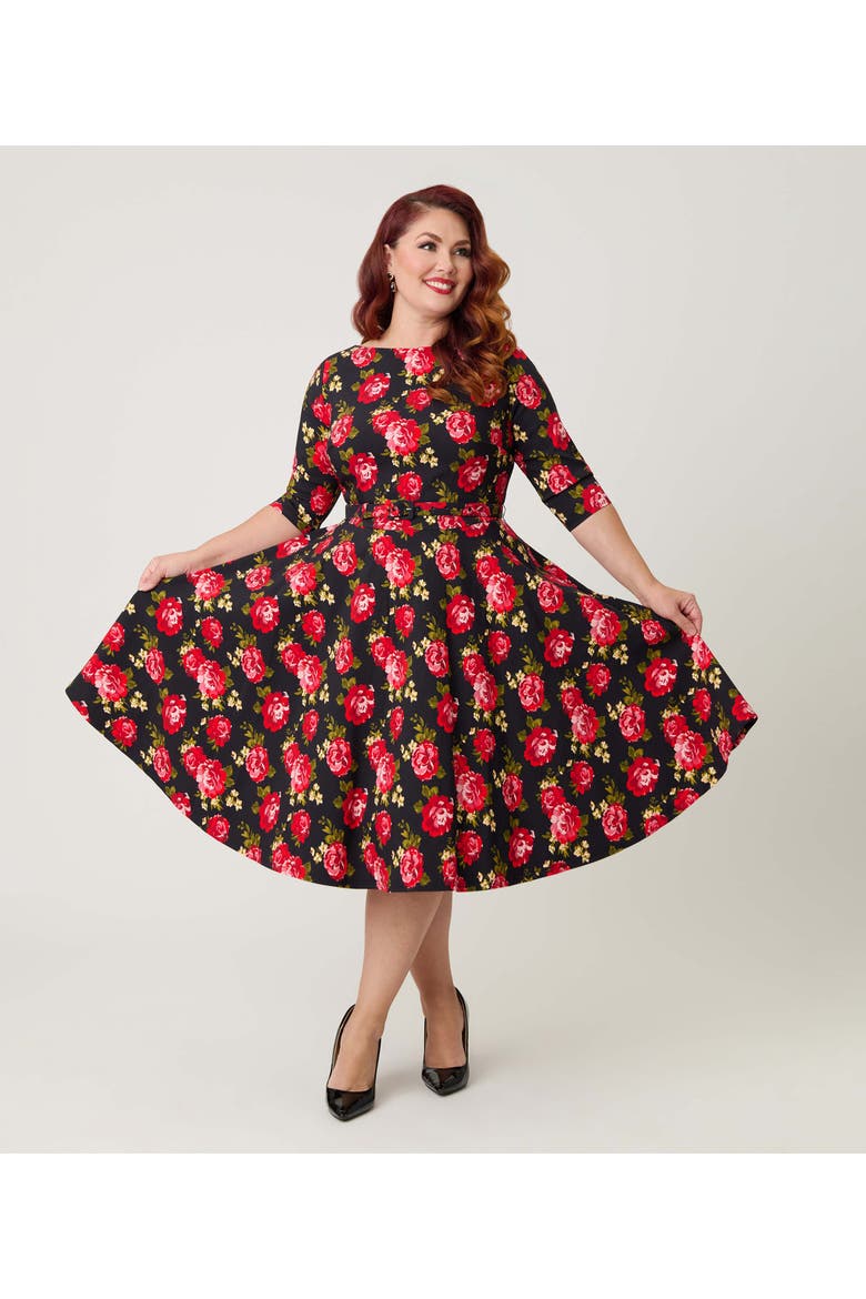 Plus Size Devon Swing Dress, Main, color, Black & Red Roses