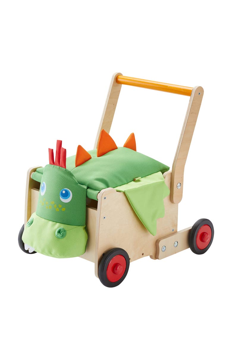 HABA Dragon Wooden Baby Walker Wagon and Baby Push Toy that Turns into a Toy Box for Toddlers, Push Walker with Brake for Adjustable Speed, Main, color, Green Multi