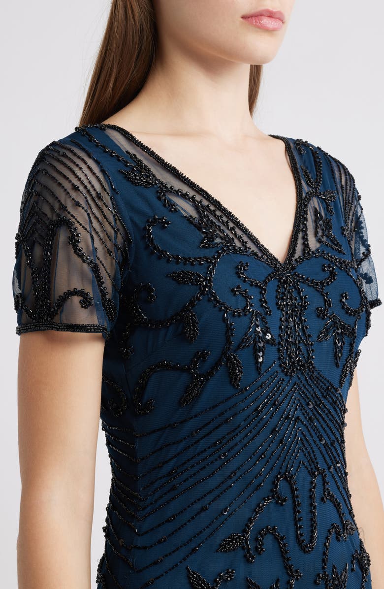 Pisarro Nights Beaded Mesh Column Gown, Alternate, color, Peacock 405