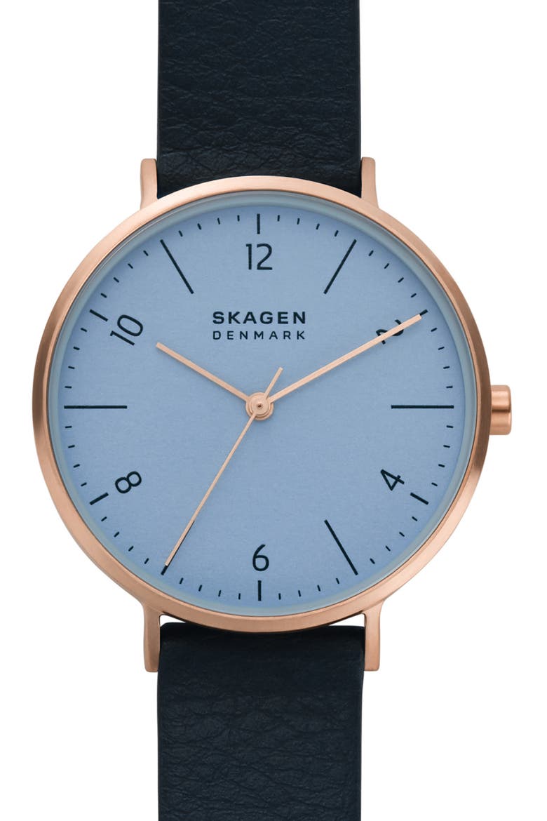 Aaren Naturals Faux Leather Strap Watch, 36mm, Main, color, NAVY