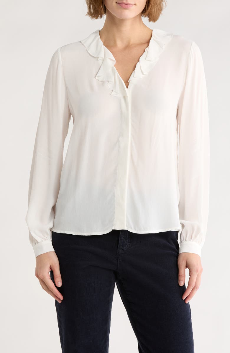 Brooks Brothers Ruffle Trim Crepe Button-Up Top, Main, color, White
