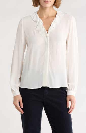 Brooks Brothers Ruffle Trim Crepe Button-Up Top