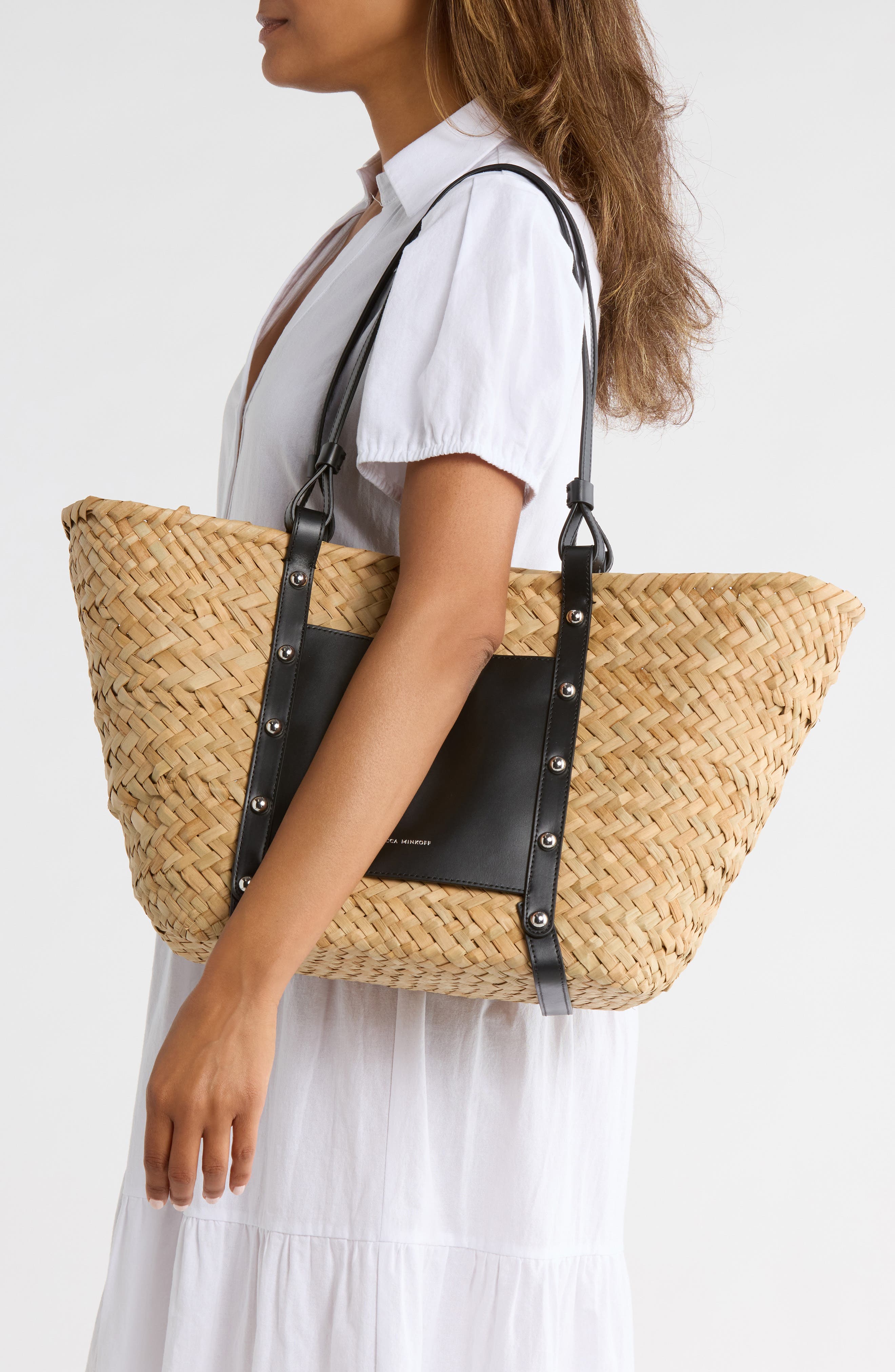 Rebecca Minkoff Woven Straw Tote, Alternate, color, Natural/ Black