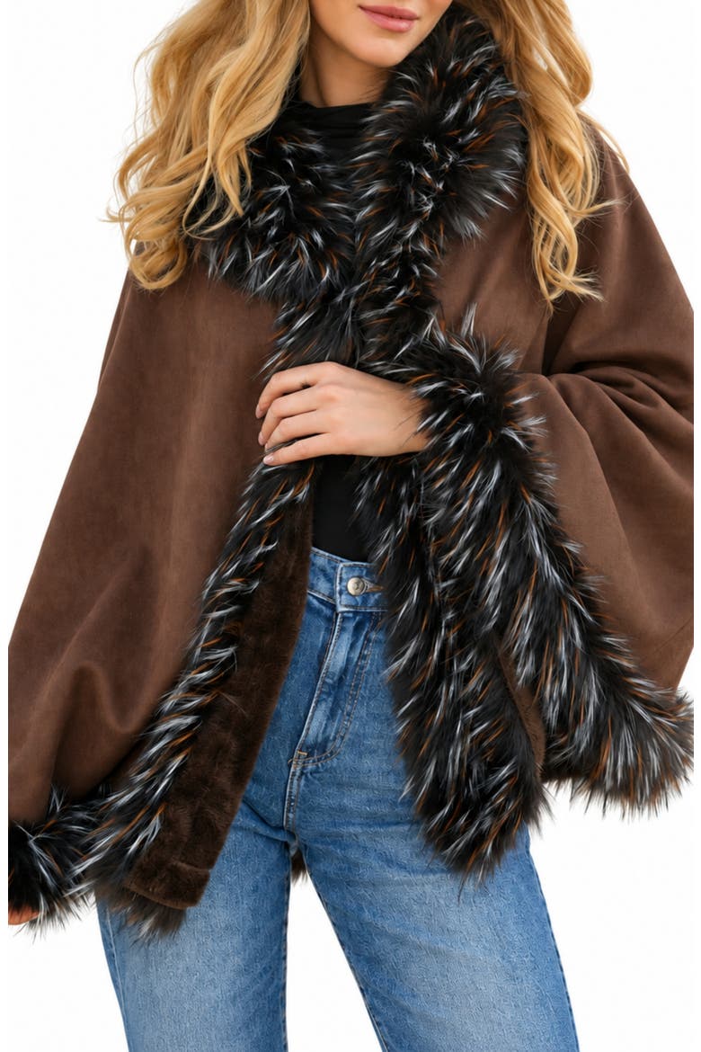 Faux Fur Trim Faux Suede Cape, Main, color, DARK BROWN