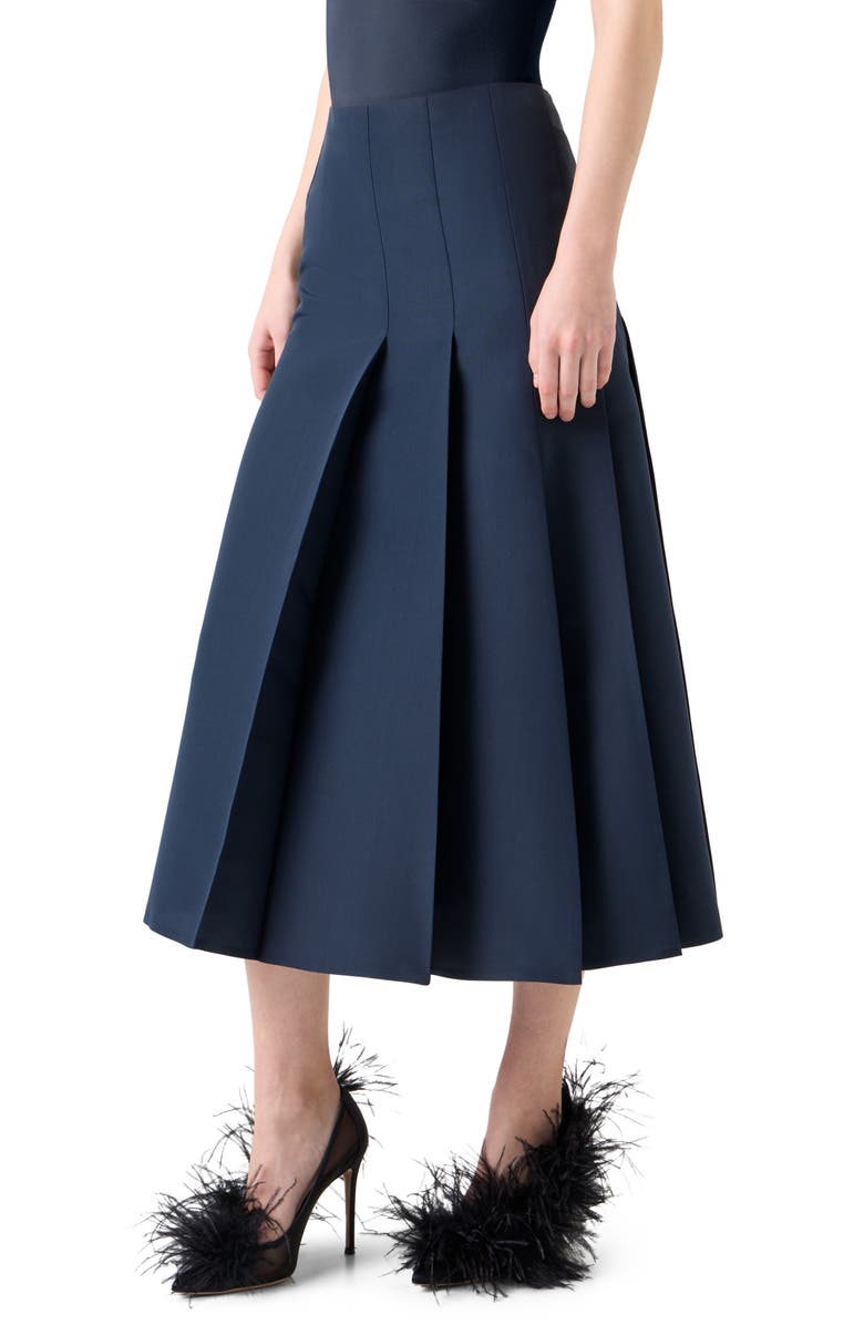 Akris Pleated Silk Ottoman Midi Skirt, Alternate, color, Navy