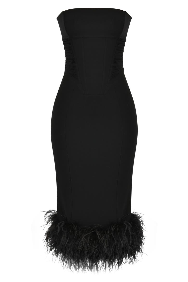Fionula Strapless Feather Hem Midi Dress, Alternate, color, BLACK