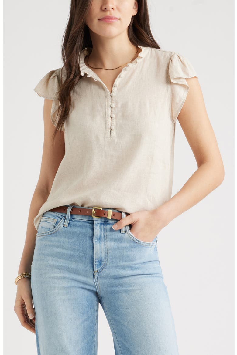 Linen Blend Flutter Sleeve Popover Top, Main, color, FLAX