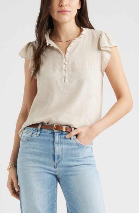 Linen Blend Flutter Sleeve Popover Top