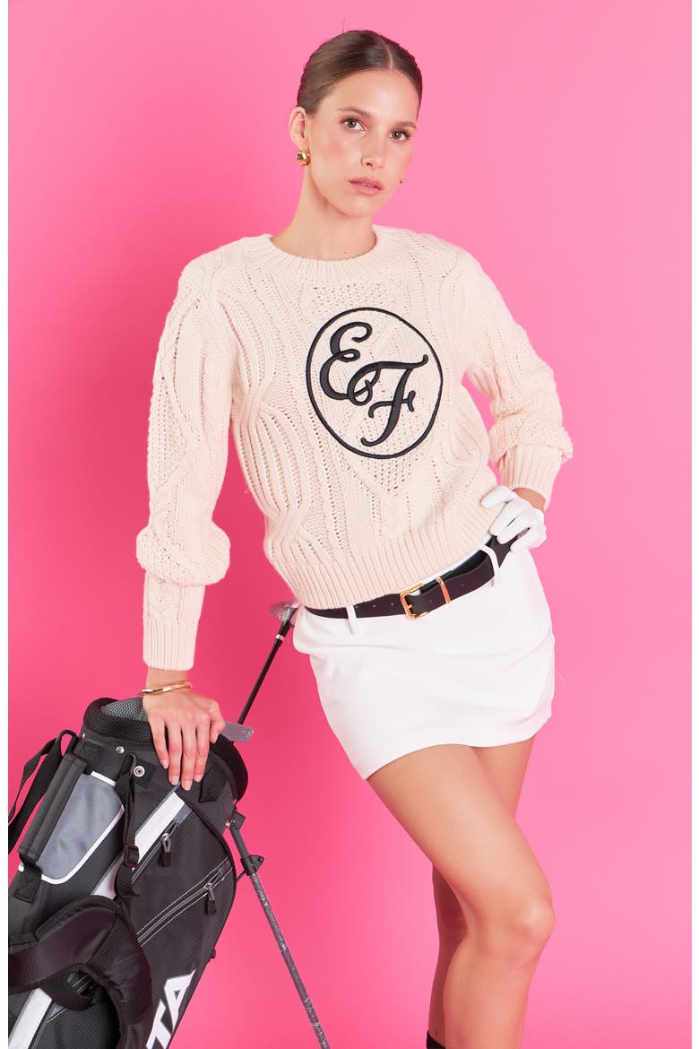 Sports Club Logo Embroidered Cable Stitch Sweater, Alternate, color, IVORY