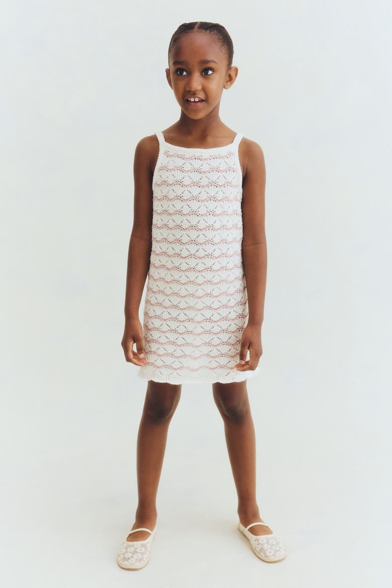 Crochet-look Strappy Dress, Main, color, White/pink striped
