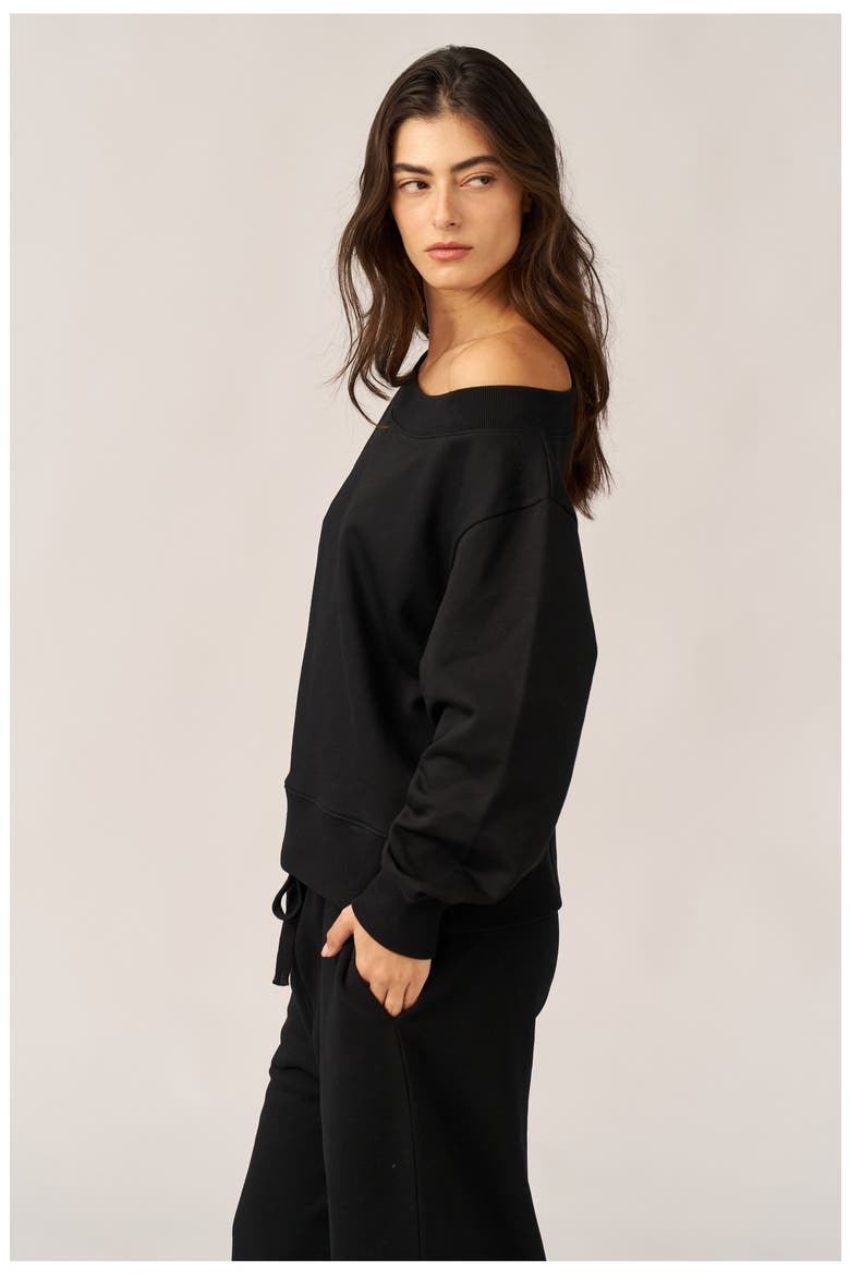 Cozy Coast Airport Off the Shoulder Sweatshirt, Alternate, color, Black