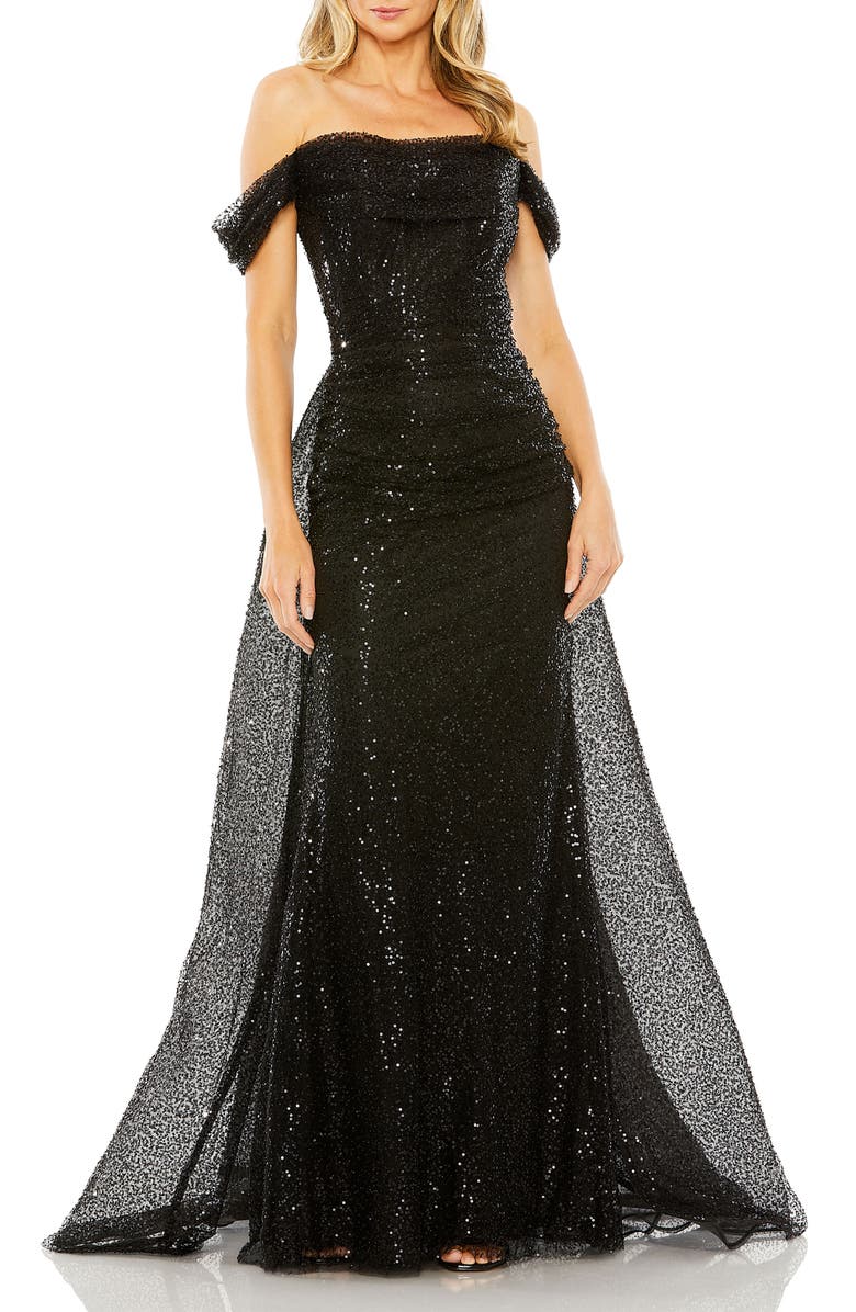 Mac Duggal Off the Shoulder Sequin Panel Train Gown, Main, color, Black