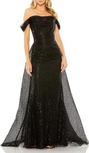 Mac Duggal Off the Shoulder Sequin Panel Train Gown