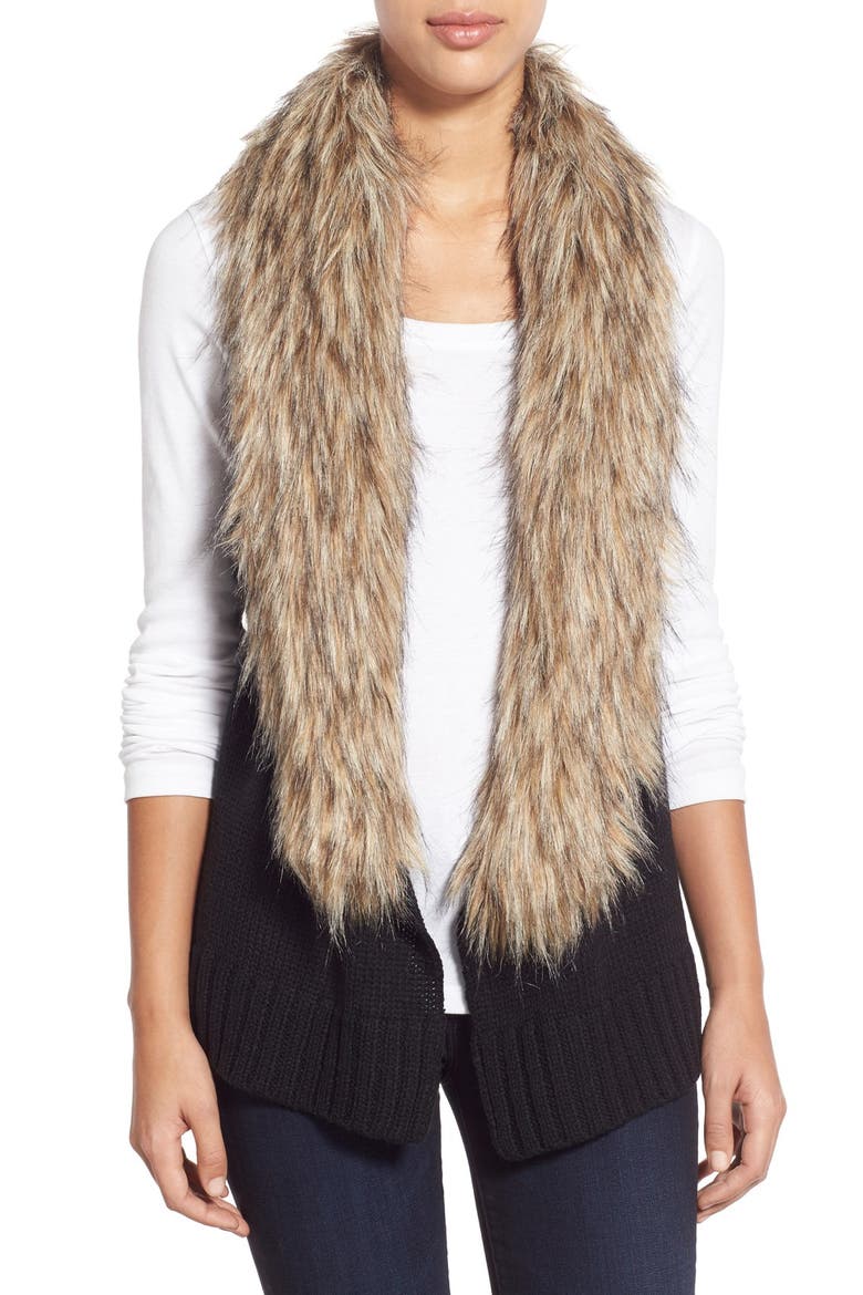 BB Dakota 'Sadi' Faux Fur Trim Knit Vest, Main, color, BLACK