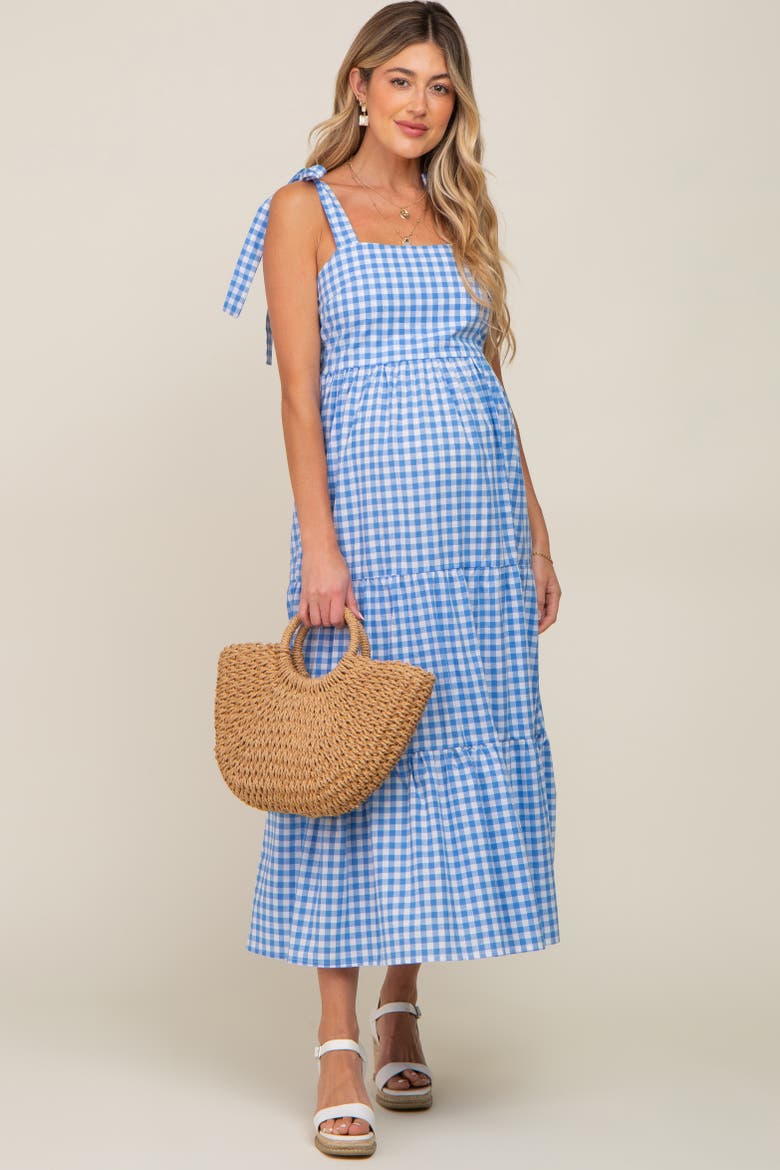 Checkered Sleeveless Tiered Maxi Dress, Alternate, color, Blue