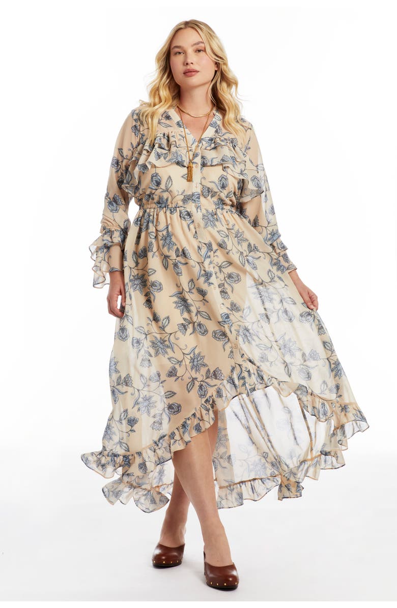 June + Vie Ruffle Detail Maxi Shirt Dress, Alternate, color, Spring Floral