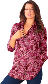 Roaman's Plus Size Kate Long Sleeve Easy Cotton Blend Button Front Shirt