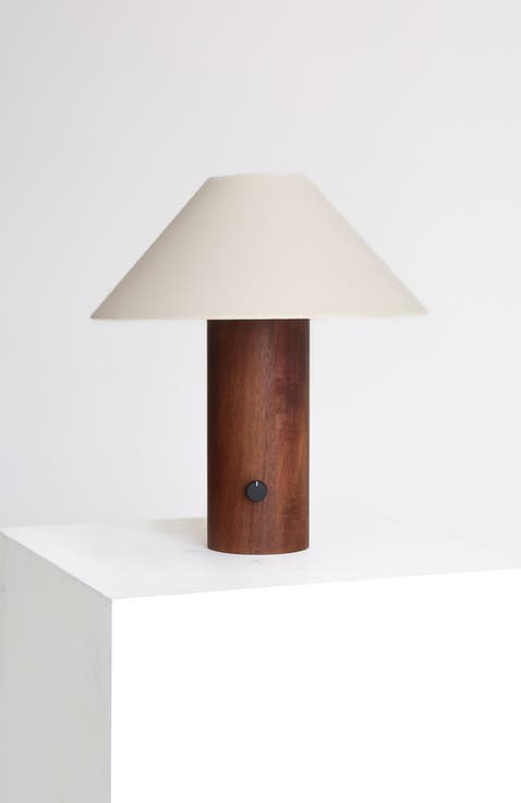 Oakley 13" Modern LED Walnut Wood Table Lamp with Cream Fabric Shade, Bulb Included