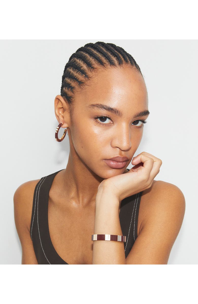 Tory Burch T-Stripe Bangle Bracelet, Alternate, color, Tory Gold / Burgundy / Pink