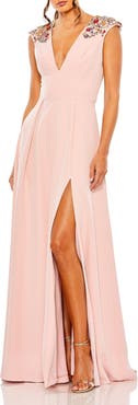 Mac Duggal Beaded Cap Sleeve V Neck A Line Gown