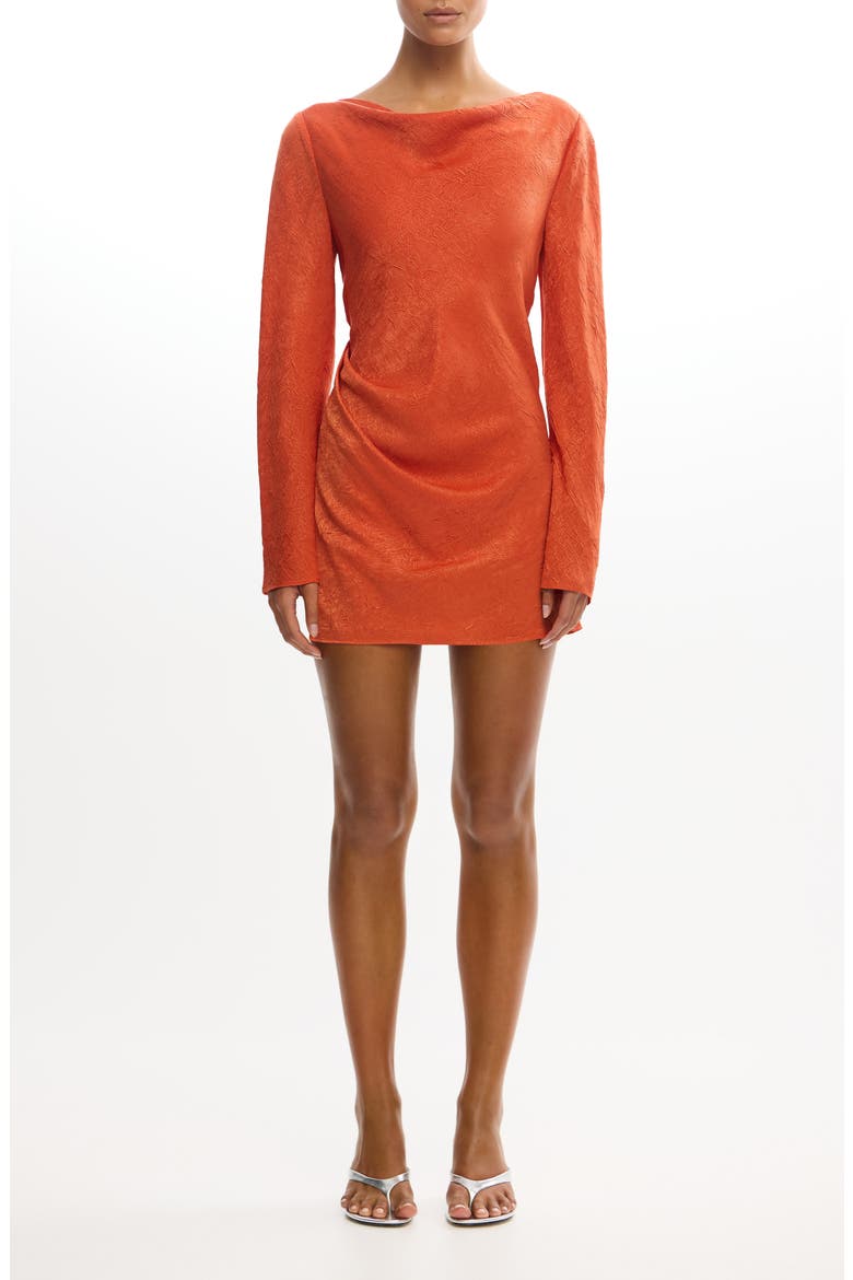 Arielle Long Sleeve Crushed Satin Cocktail Minidress, Main, color, RUST