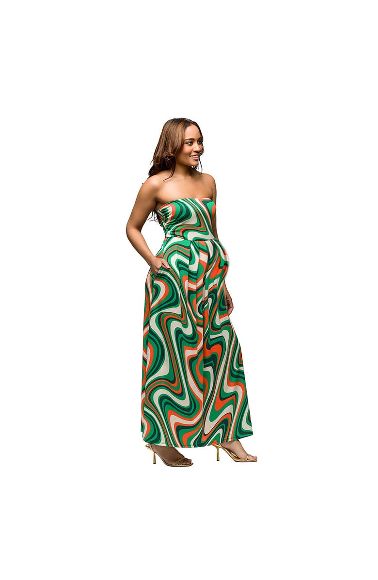 24seven Comfort Apparel Maternity Green Print A-Line Strapless Maxi Dress With Pockets, Alternate, color, 
