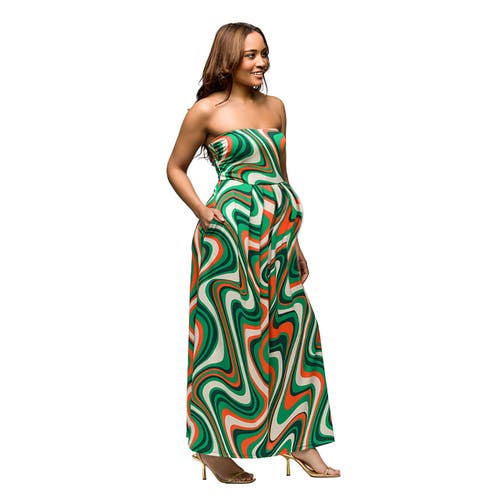 24seven Comfort Apparel Maternity Green Print A-line Strapless Maxi Dress With Pockets In Multi