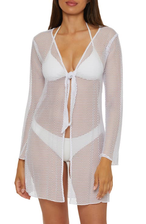 Tie Front Long Sleeve Sheer Mesh Cover-Up