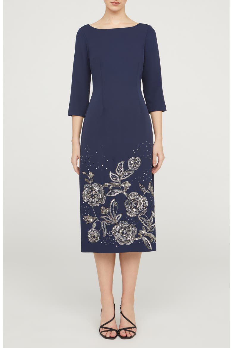 Delilah Floral Beaded Cocktail Midi Dress, Main, color, NAVY