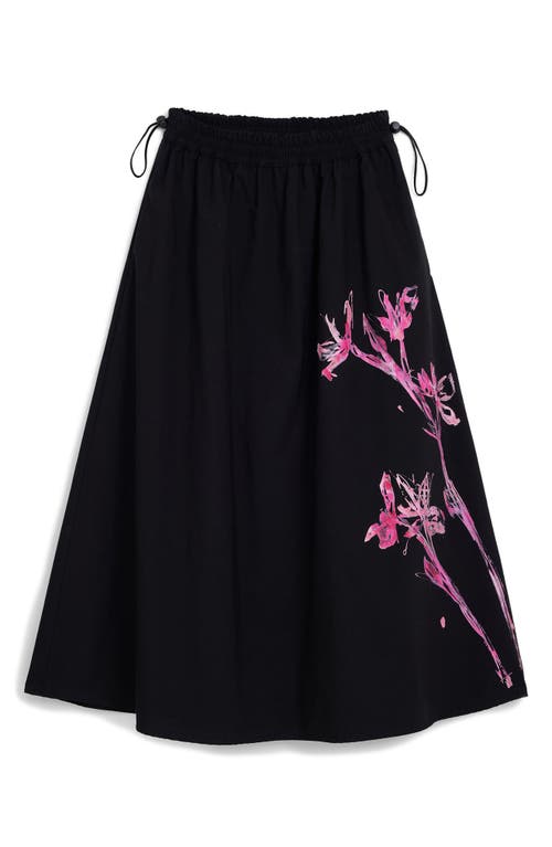 Desigual Orchid Print Cotton A-line Skirt In Black