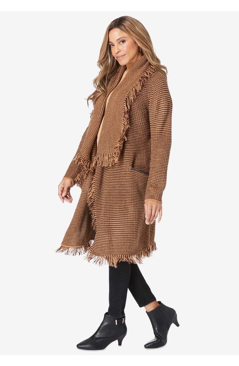 Jessica London Shawl-Collar Fringe Jacket, Alternate, color, Merlot Black