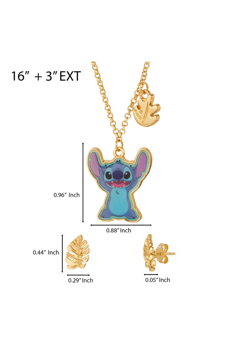 Disney Jewelry Set with Gold-Tone Fashion Necklace and Palm Leaf Stud Earrings, Alternate, color, Blue, Metallic Gold