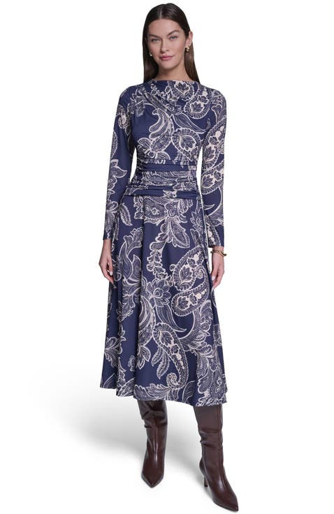 Long Sleeve Paisley Printed Jersey Midi Dress