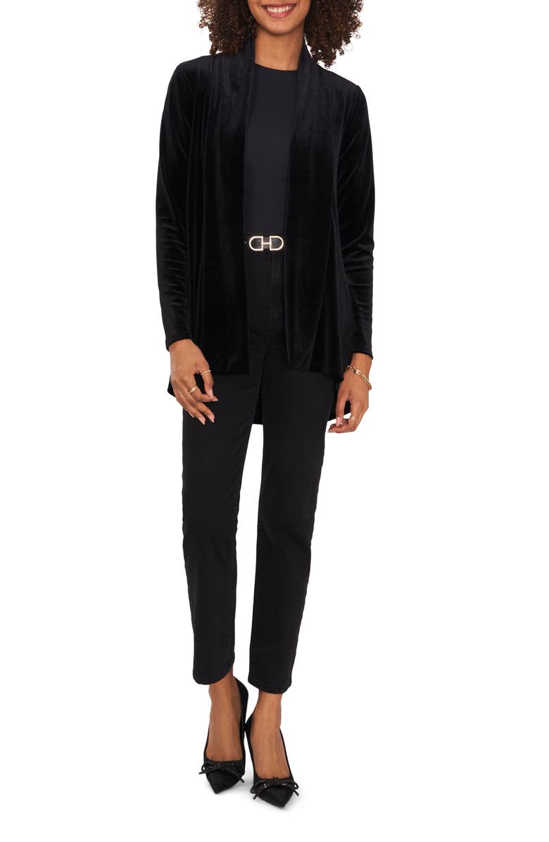Vince Camuto Shawl Collar Stretch Velvet Cardigan, Alternate, color, Rich Black