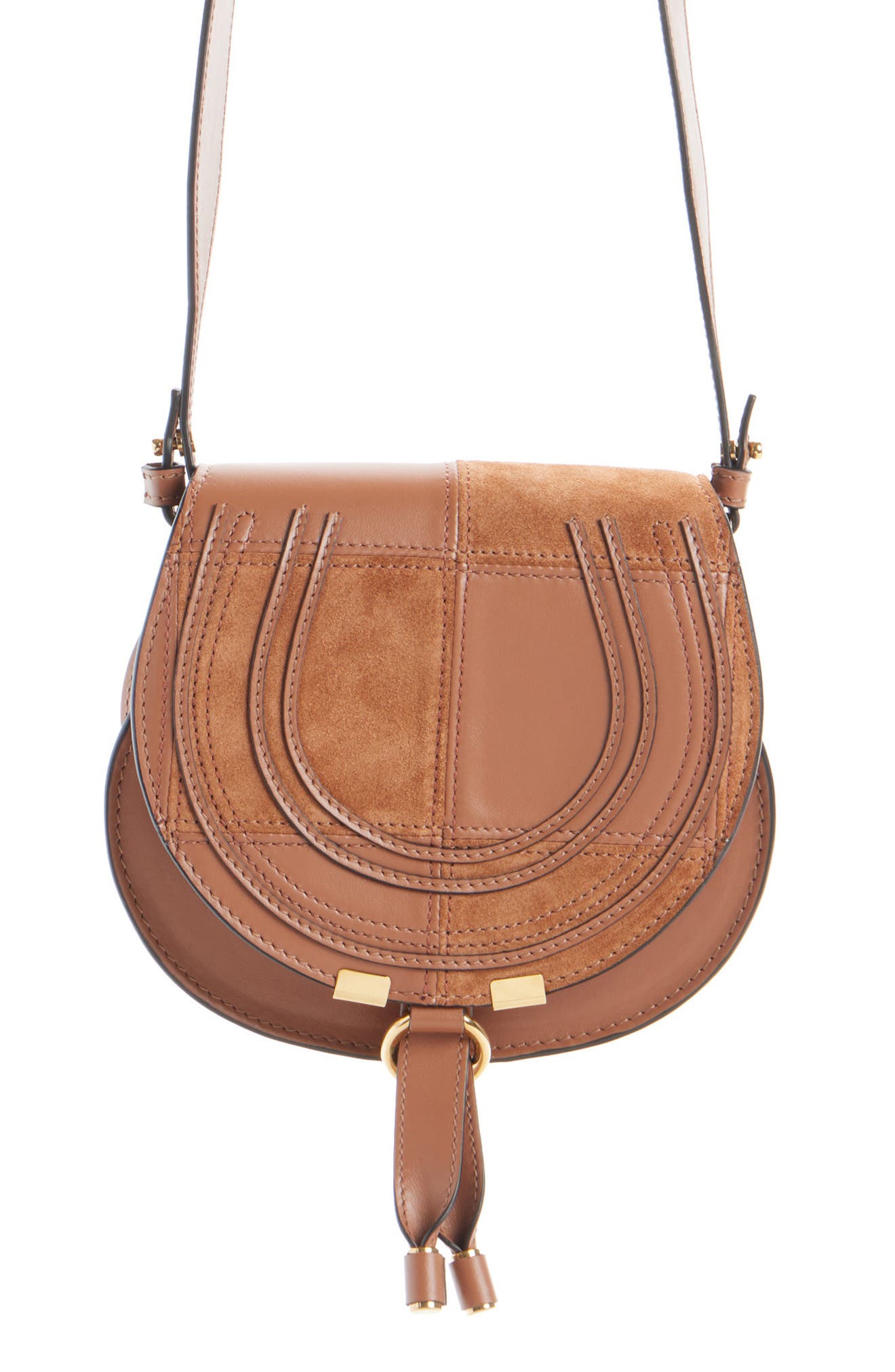 Chloé Marcie Leather & Suede Patchwork Crossbody Bag, Main, color, Dusty Tan