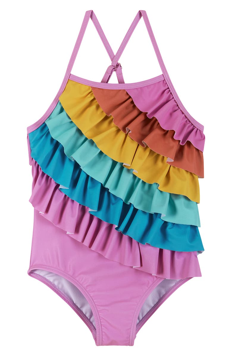 Andy & Evan Kids' Rainbow Ruffle One-Piece Swimsuit, Main, color, 