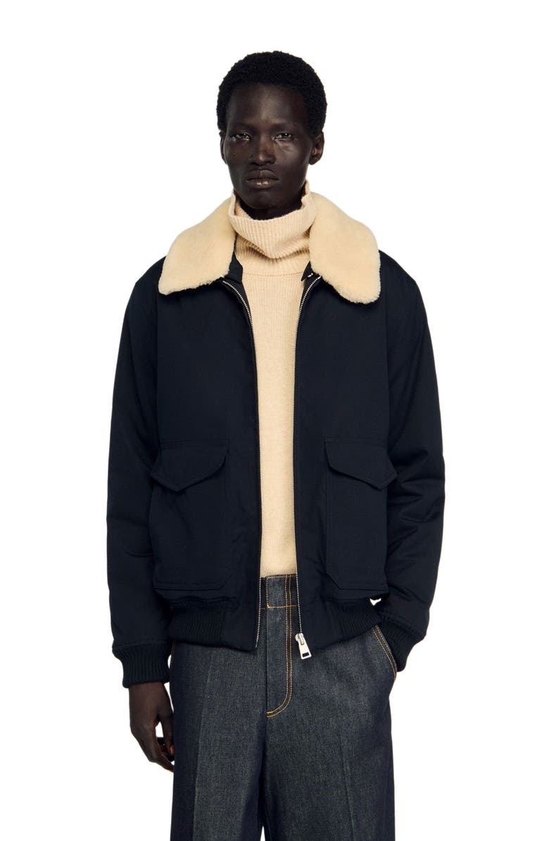 SANDRO Shearling collar aviator jacket, Alternate, color, Navy Blue