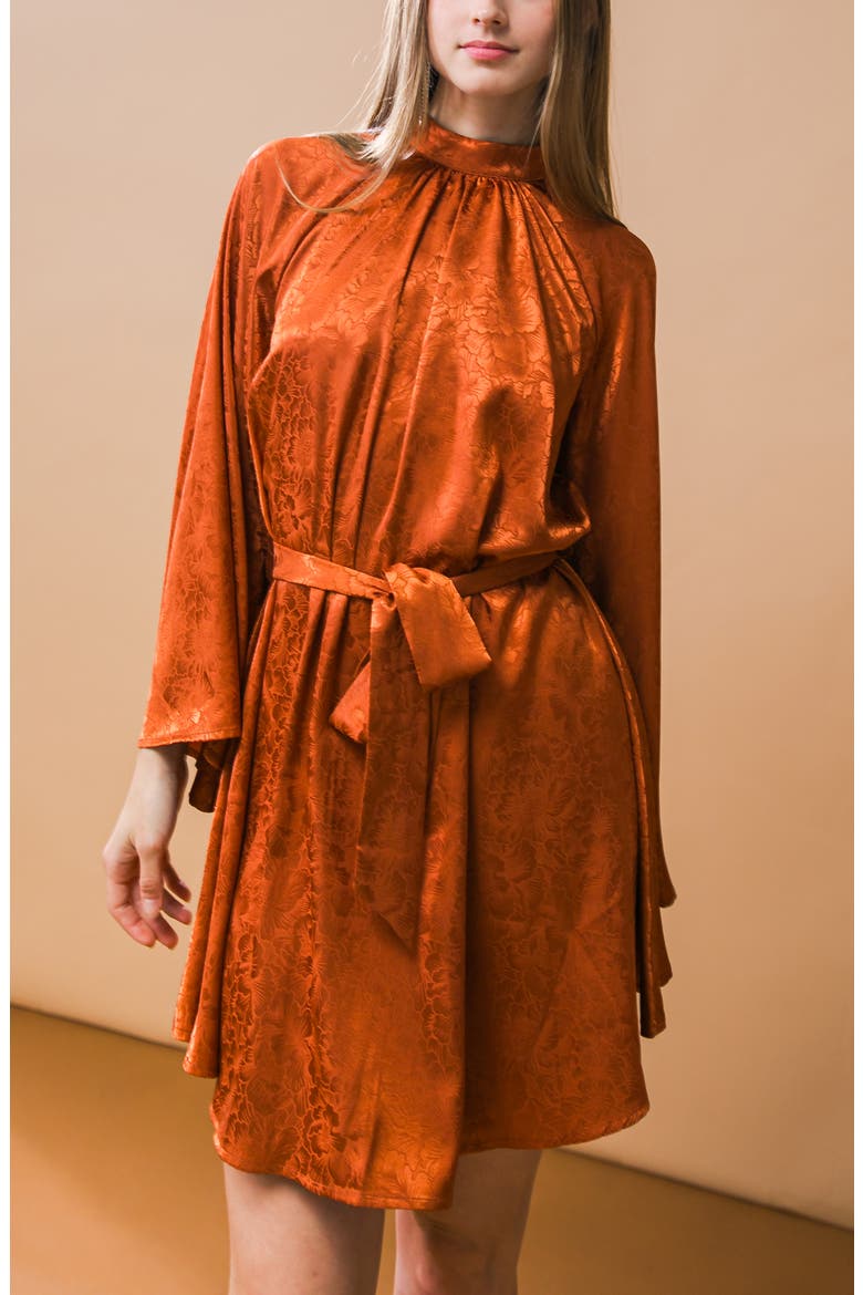 Long Sleeve Satin Minidress, Alternate, color, BROWN