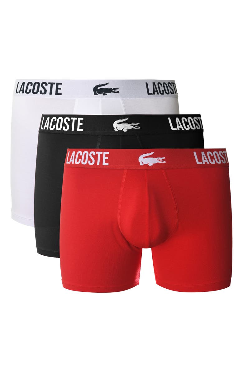 Lacoste Core Essentials Assorted 3-Pack Stretch Cotton Boxer Briefs, Main, color, Black/ Red/ White