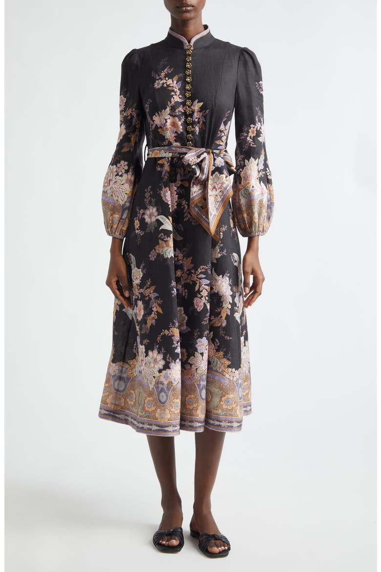 Luna Paisley Print Long Sleeve Linen Midi Dress, Main, color, MIDNIGHT PAISLEY