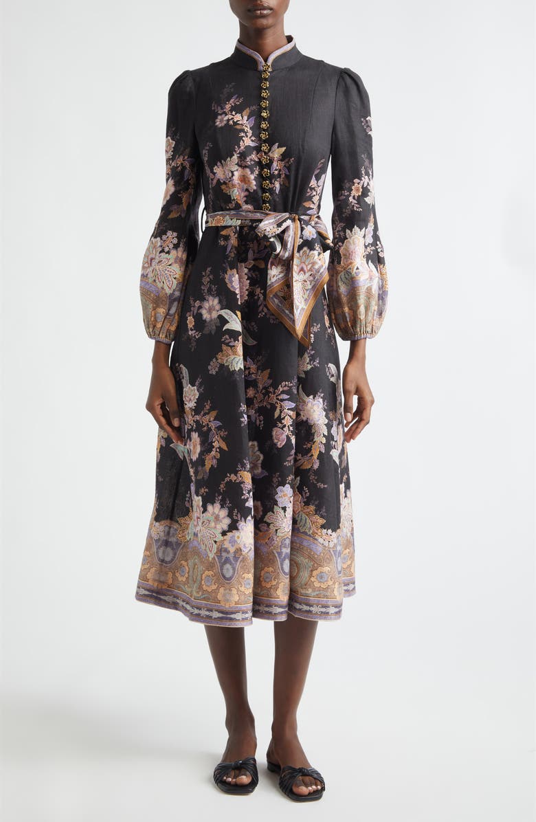 Zimmermann Luna Paisley Print Long Sleeve Linen Midi Dress, Main, color, Midnight Paisley