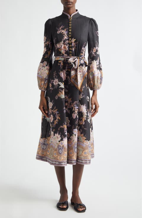 Zimmermann Luna Paisley Print Long Sleeve Linen Midi Dress