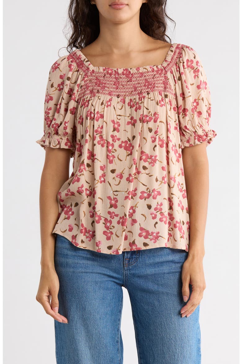 Print Peasant Top, Main, color, TAN/ MAUVE FLORAL