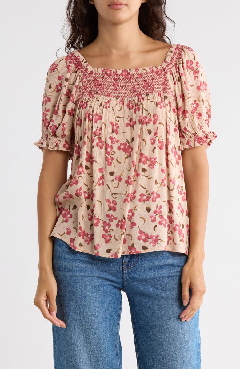 Bobeau Print Peasant Top, Main, color, Tan/ Mauve Floral
