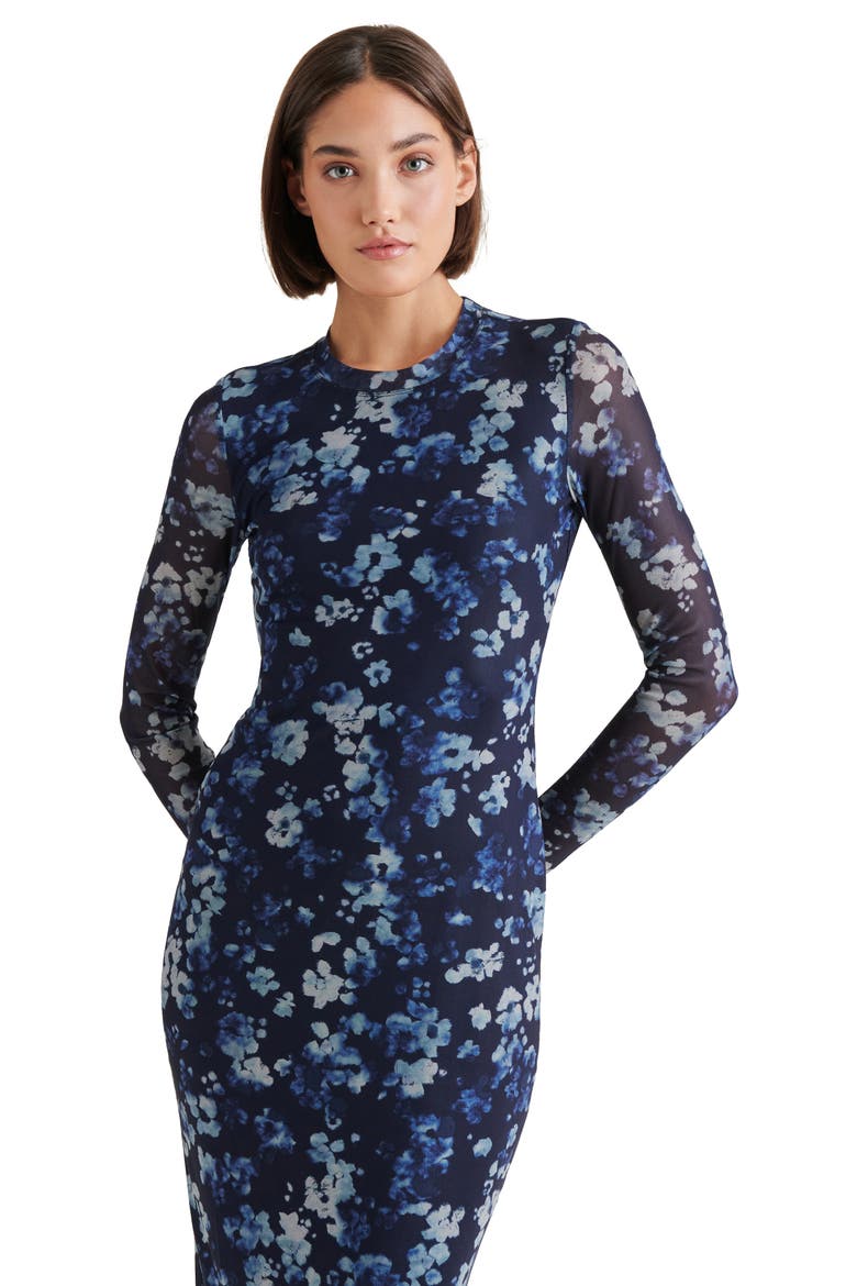 Hailee Floral Long Sleeve Mesh Body-Con Midi Dress, Alternate, color, INDIGO