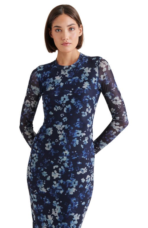 Steve Madden Hailee Floral Long Sleeve Mesh Body-con Midi Dress In Indigo