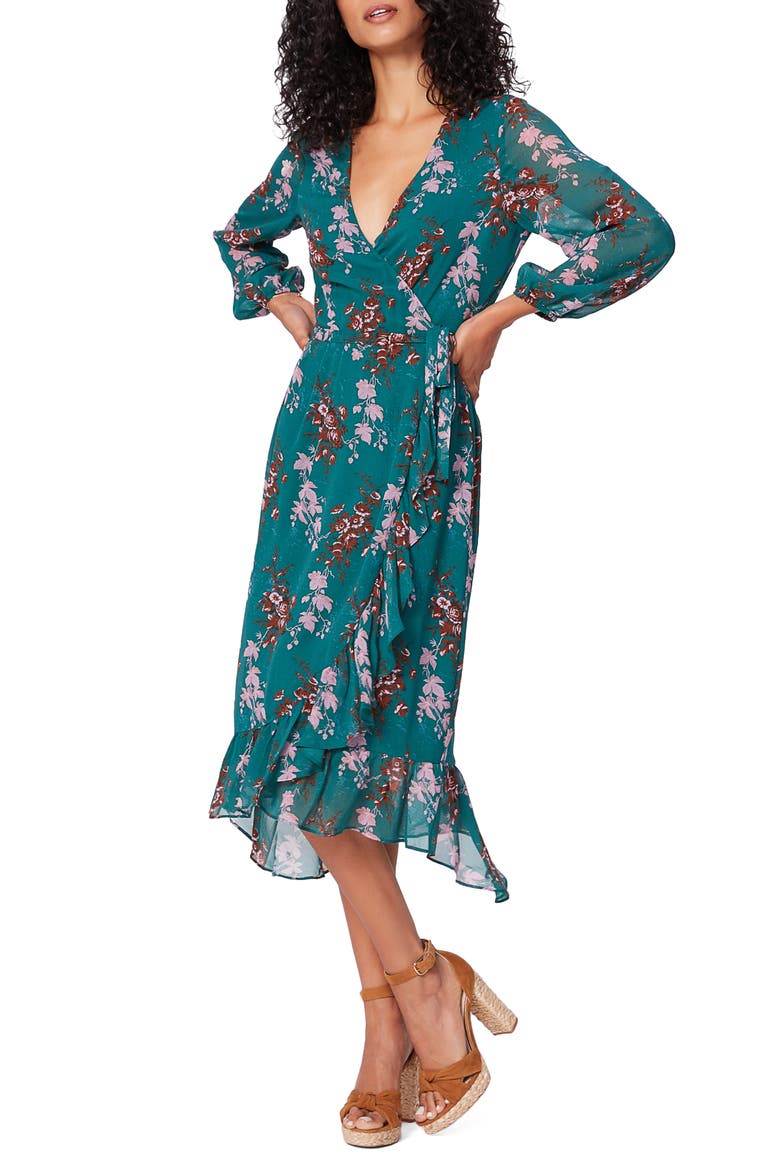 Palazzo Print Long Sleeve Silk Wrap Dress, Main, color, DARK AQUA MULTI